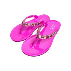 NWT H2K Hot Pink Jelly Flip Flops Slippers with Rhinestone Gems for Girls